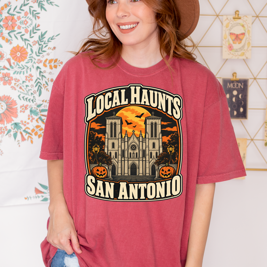 San Antonio Halloween T-Shirt, San Fernando Cathedral, Comfort Colors Retro Souvenir, Harvest Moon and Pumpkins
