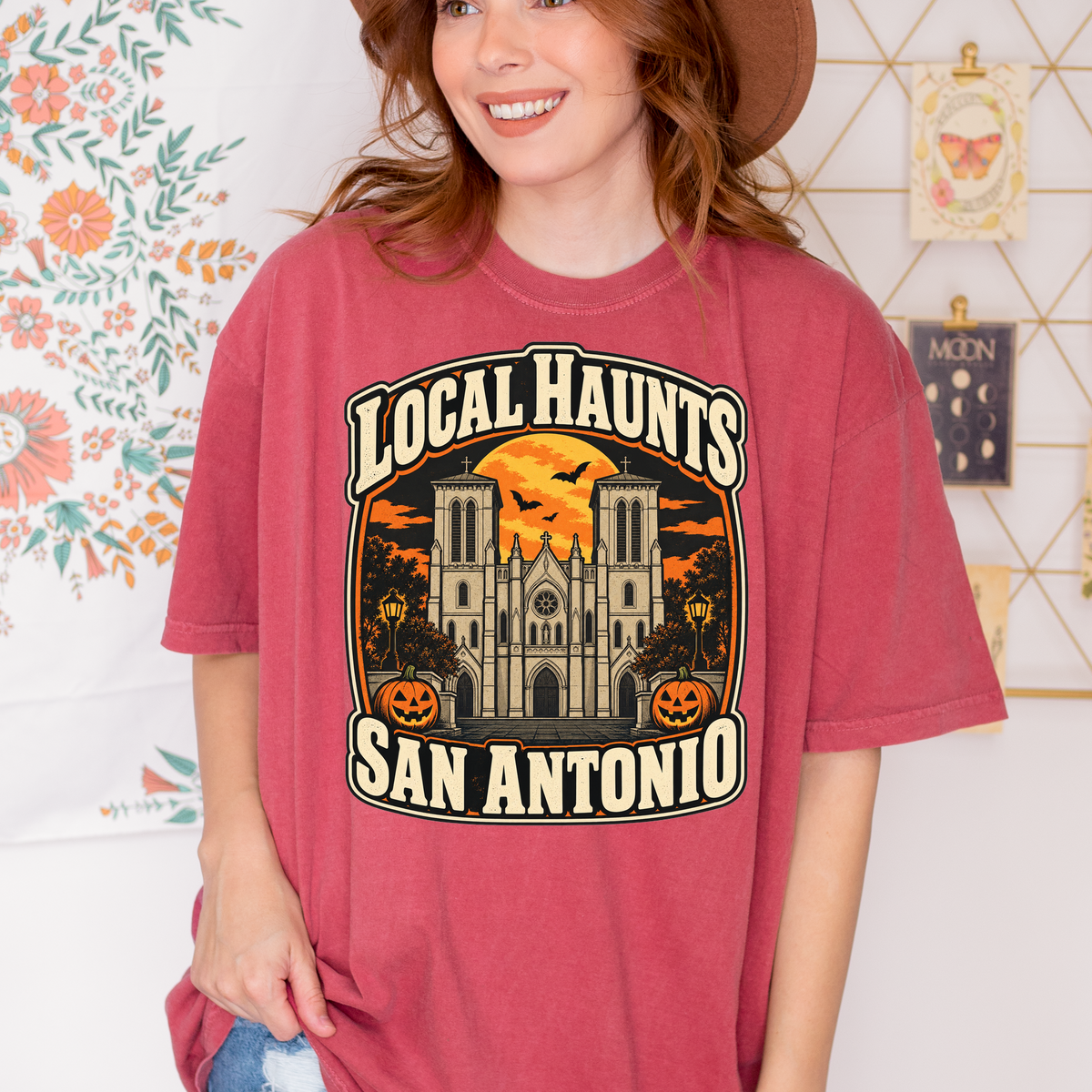 San Antonio Halloween T-Shirt, San Fernando Cathedral, Comfort Colors Retro Souvenir, Harvest Moon and Pumpkins