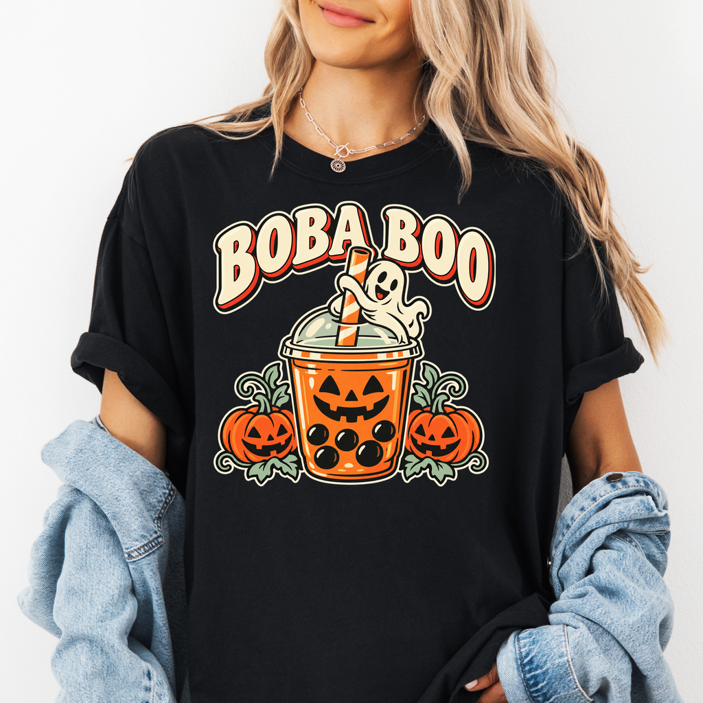 Pumpkin Boba Halloween T-Shirt, Boba Boo Ghost Cup, Retro Diner Spooky Season Art, Comfort Colors