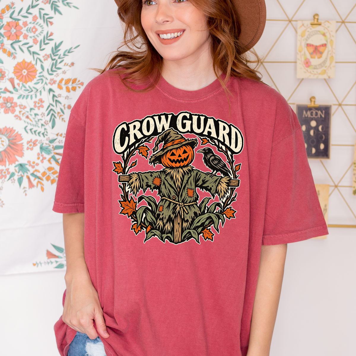 Scarecrow Halloween T-Shirt, Crow Guard Pumpkin Design, Woodcut Folk Art, Comfort Colors Spooky Season