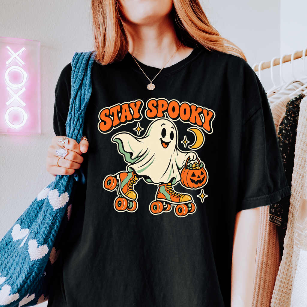 Roller Skating Ghost Halloween T-Shirt, Stay Spooky Retro Cartoon, Pumpkin Candy Bucket, Comfort Colors
