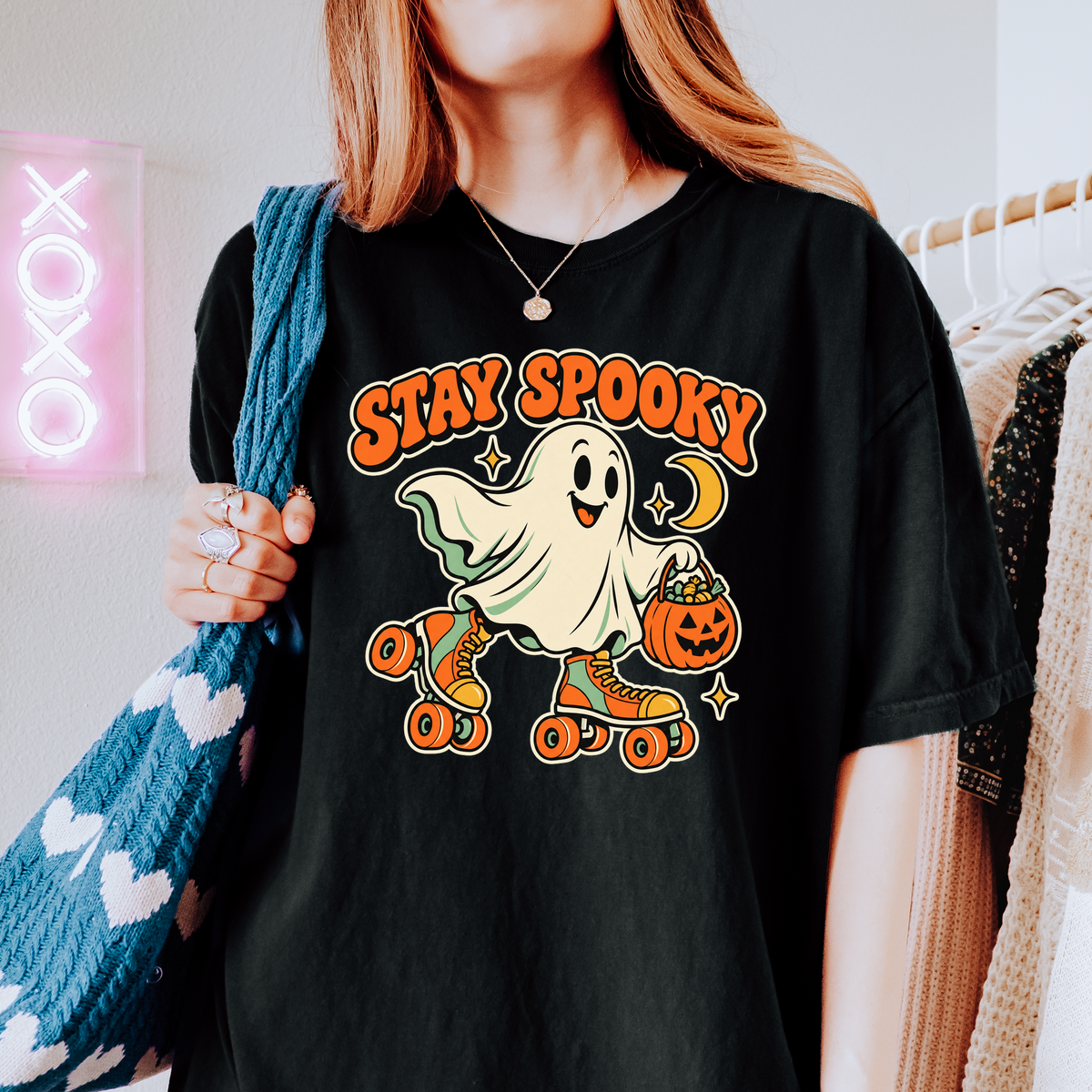 Roller Skating Ghost Halloween T-Shirt, Stay Spooky Retro Cartoon, Pumpkin Candy Bucket, Comfort Colors