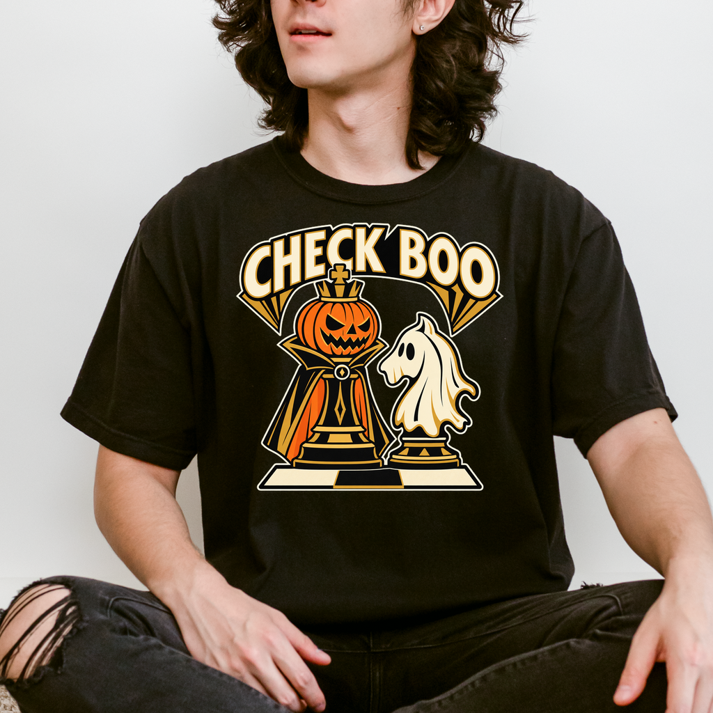 Pumpkin Chess Halloween T-Shirt, Check Boo King and Ghost Knight, Art Deco Spooky Season, Comfort Colors