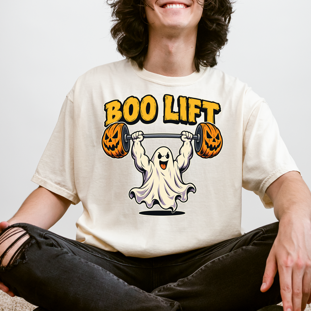 Ghost Weightlifter Halloween T-Shirt, Boo Lift Pumpkin Barbell, Retro Comic Illustration, Comfort Colors