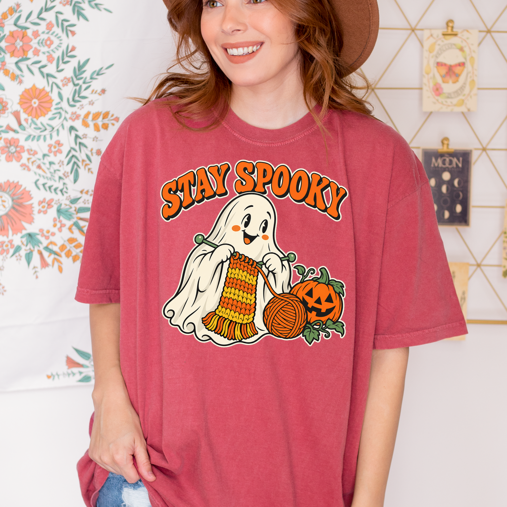 Ghost Halloween T-Shirt, Stay Spooky Knitting Design, Retro 1950s Cartoon Pumpkin, Comfort Colors
