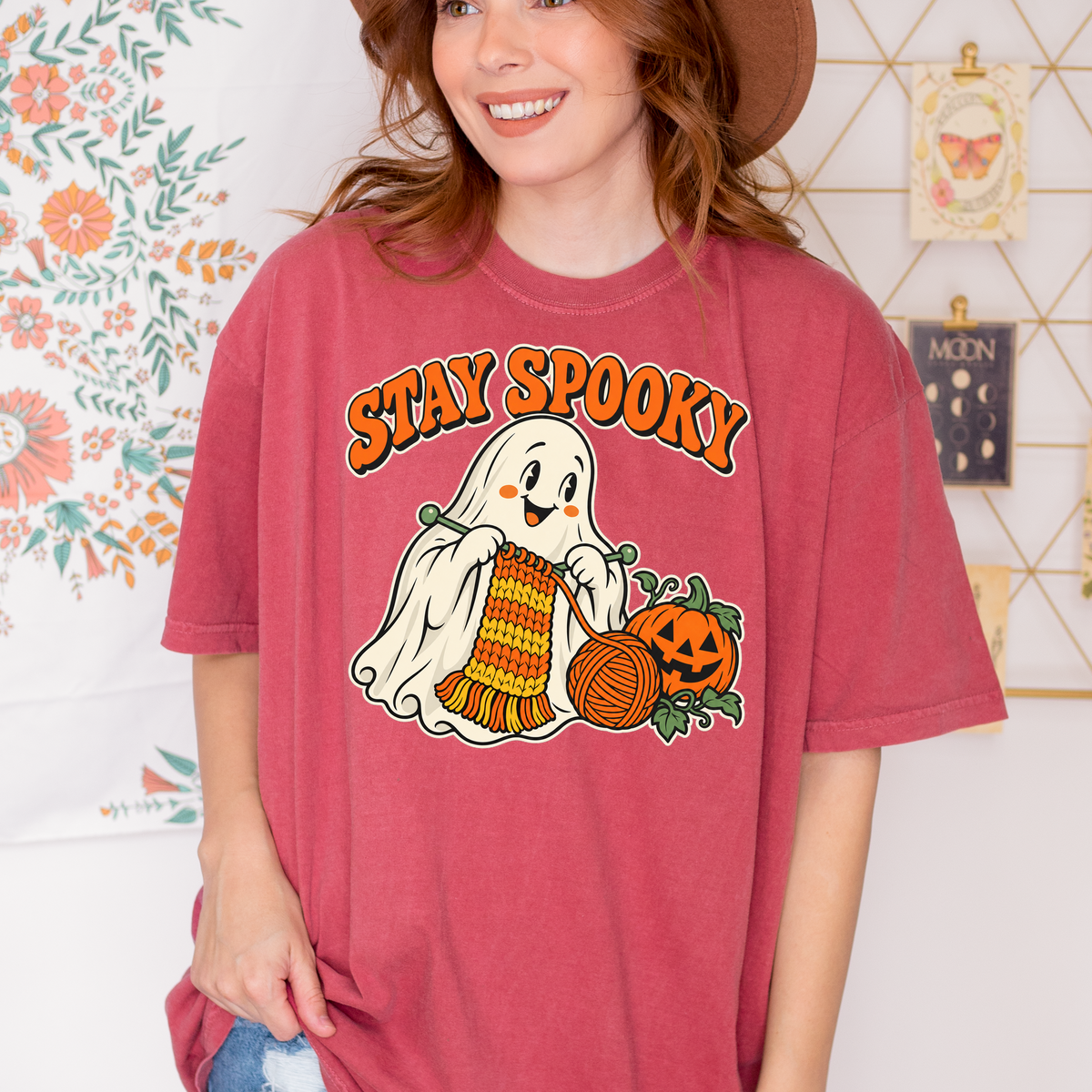 Ghost Halloween T-Shirt, Stay Spooky Knitting Design, Retro 1950s Cartoon Pumpkin, Comfort Colors
