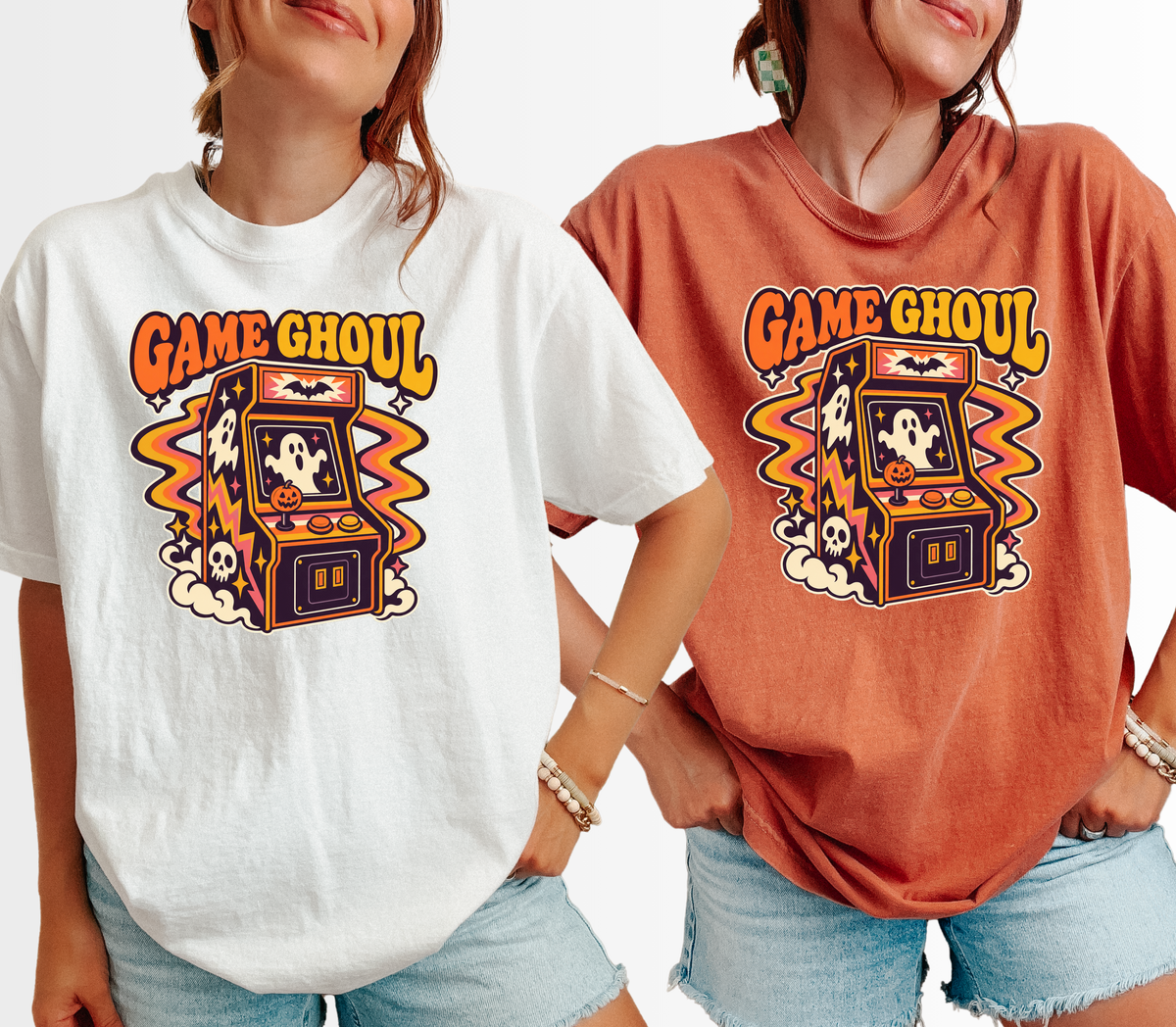 Haunted Arcade Halloween T-Shirt, Game Ghoul Cabinet, 1970s Psychedelic Pumpkin Joystick, Comfort Colors