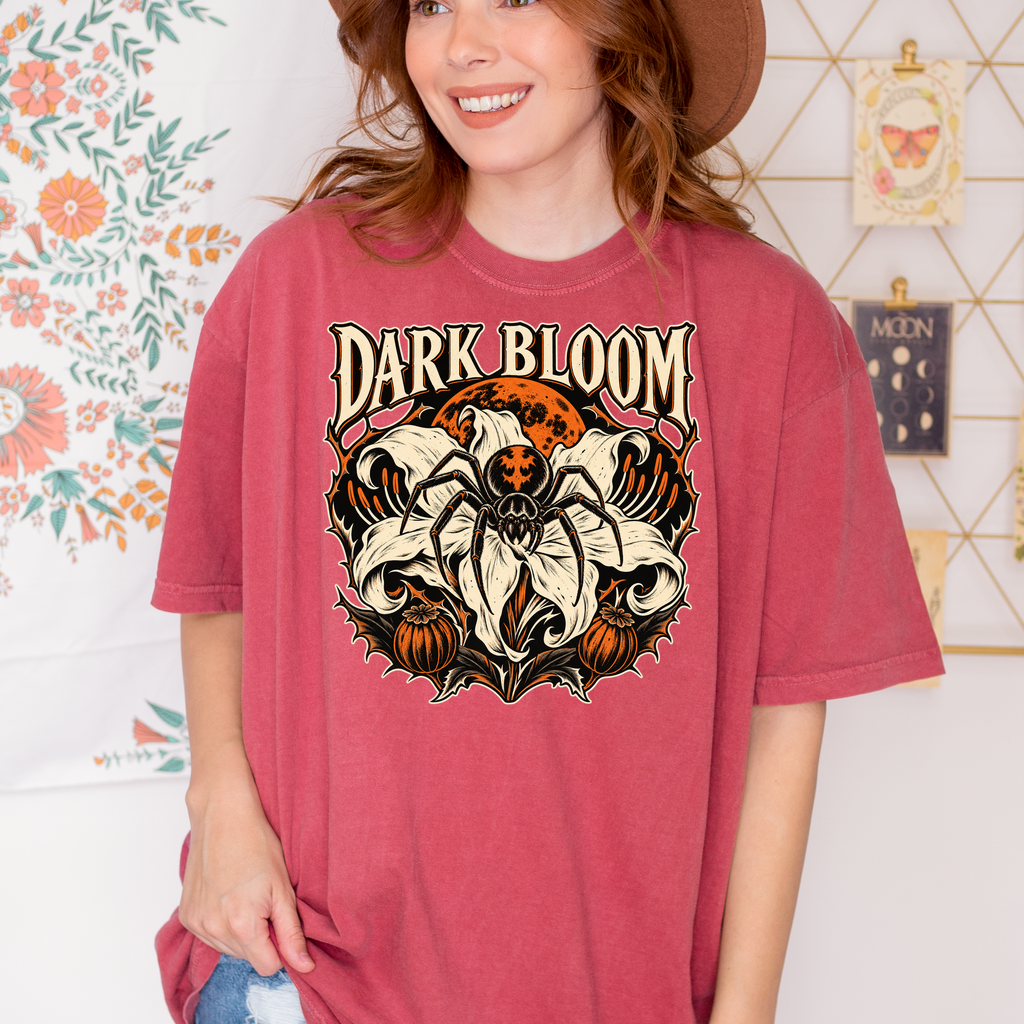 Spider Lily Halloween T-Shirt, Dark Bloom Gothic Woodcut, Orange Moon and Pumpkin Pods, Comfort Colors