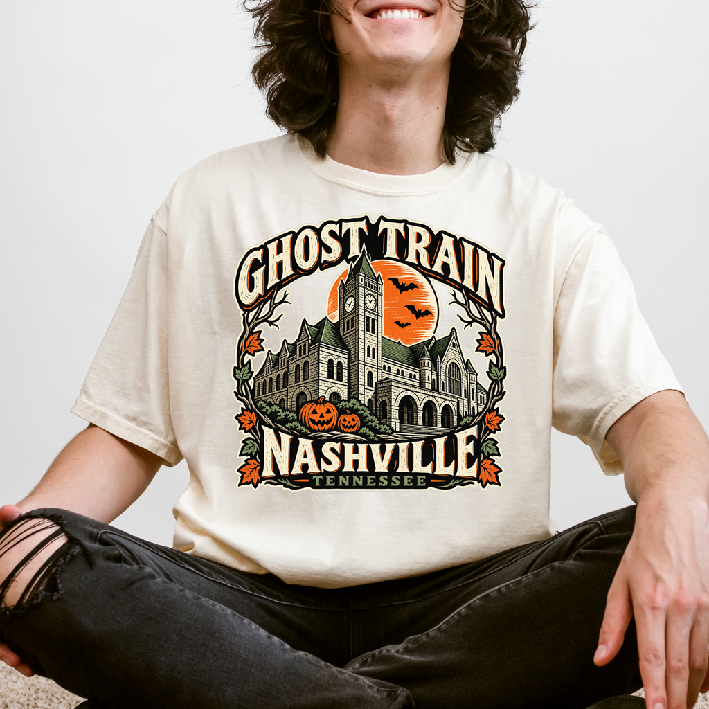 Nashville Halloween T-Shirt, Union Station Ghost Train, Comfort Colors, Woodcut Folk Art, Pumpkin Tennessee Souvenir