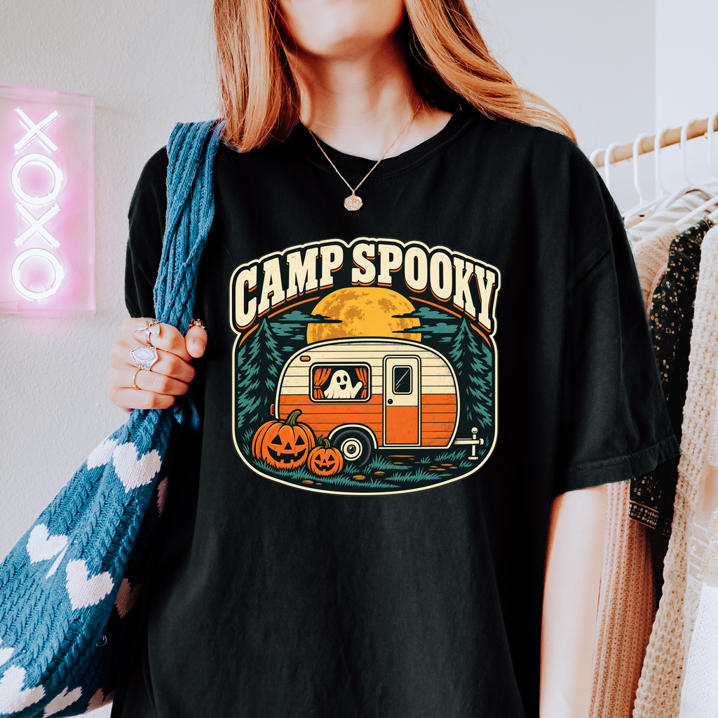 Pumpkin Camper Halloween T-Shirt, Camp Spooky Ghost Trailer, Retro Harvest Moon, Comfort Colors