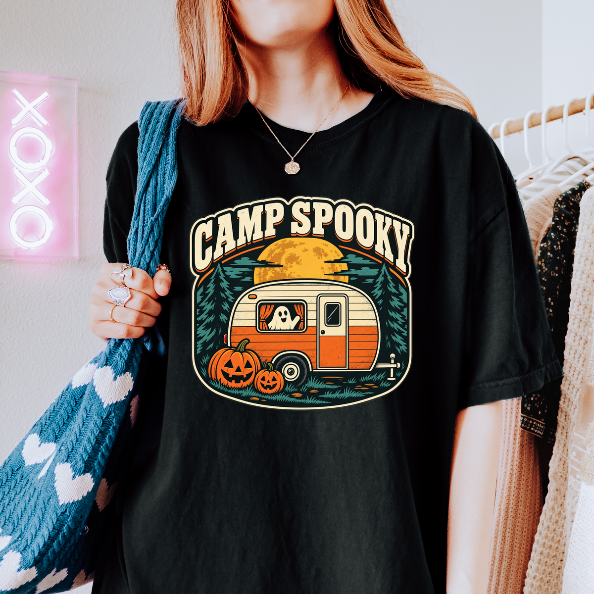 Pumpkin Camper Halloween T-Shirt, Camp Spooky Ghost Trailer, Retro Harvest Moon, Comfort Colors