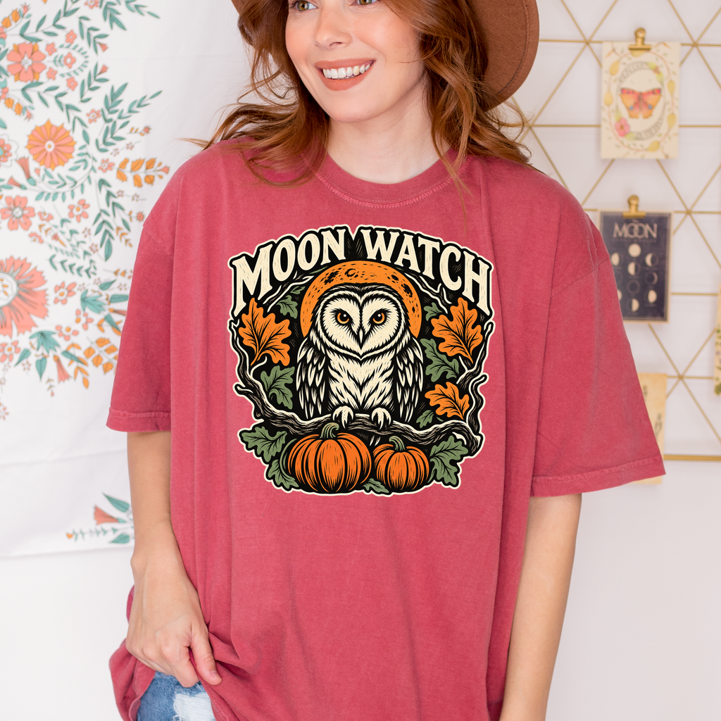 Owl Halloween T-Shirt, Moon Watch Pumpkin Woodcut Folk Art, Autumn Moon Comfort Colors