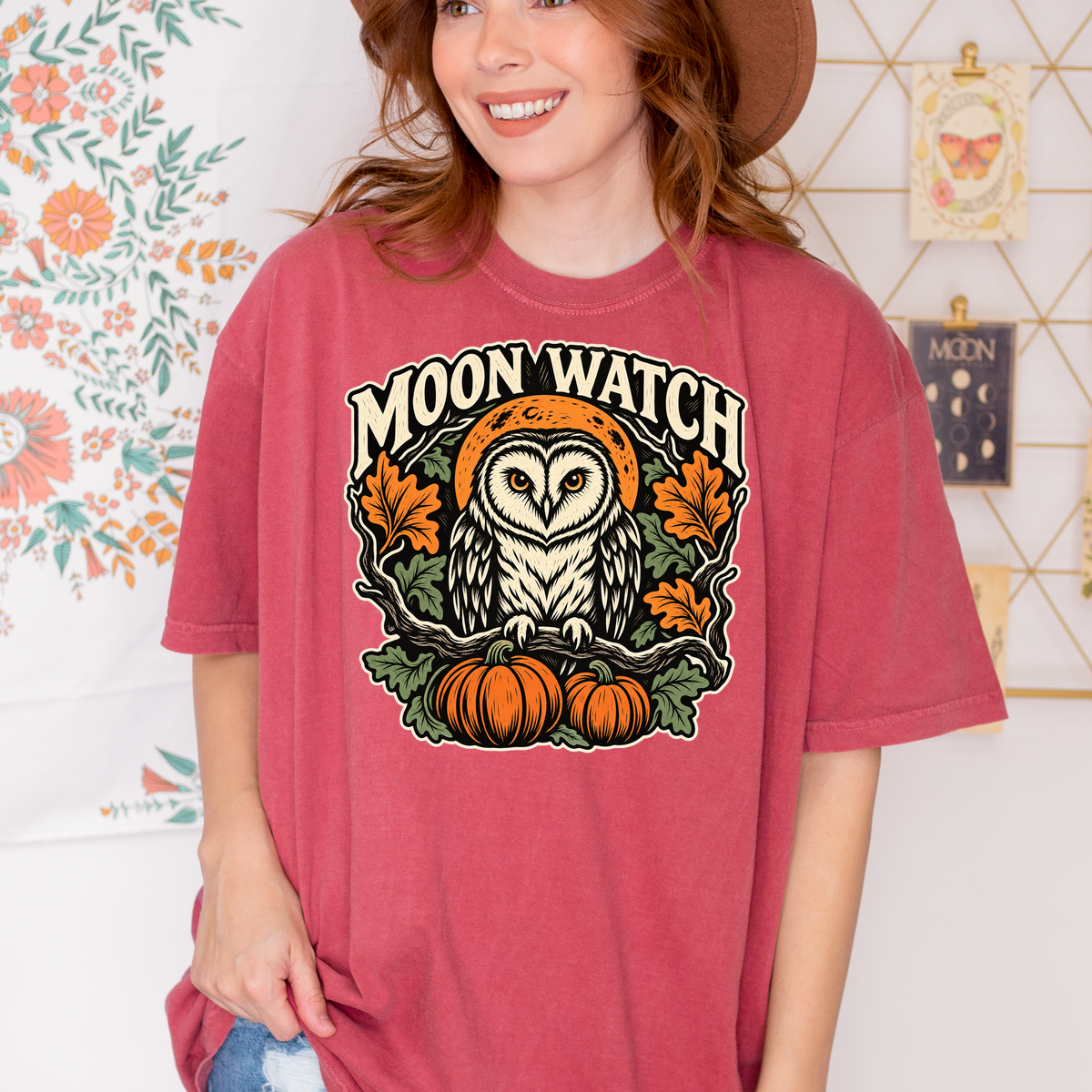 Owl Halloween T-Shirt, Moon Watch Pumpkin Woodcut Folk Art, Autumn Moon Comfort Colors