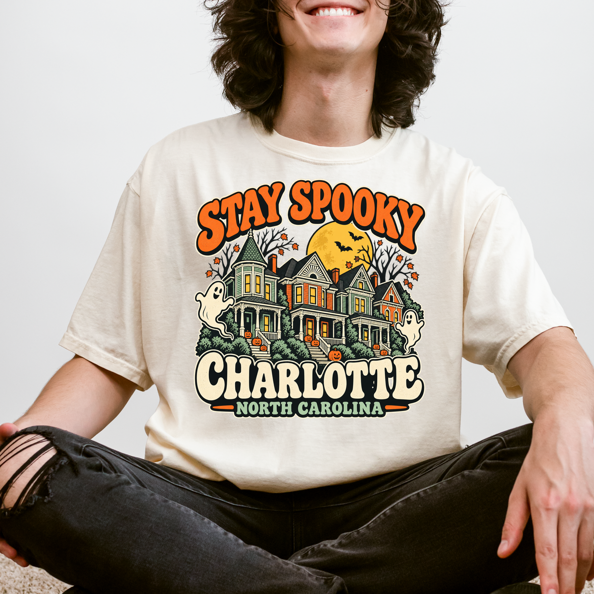 Charlotte Halloween T-Shirt, Fourth Ward Victorian Houses, Retro Ghosts and Pumpkins, Comfort Colors North Carolina