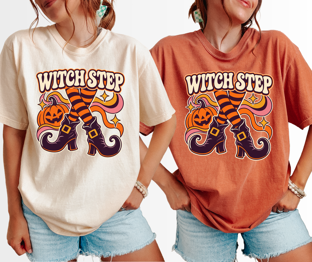 Dancing Witch Boots Halloween T-Shirt, Witch Step Pumpkin Design, 1970s Psychedelic Art, Comfort Colors
