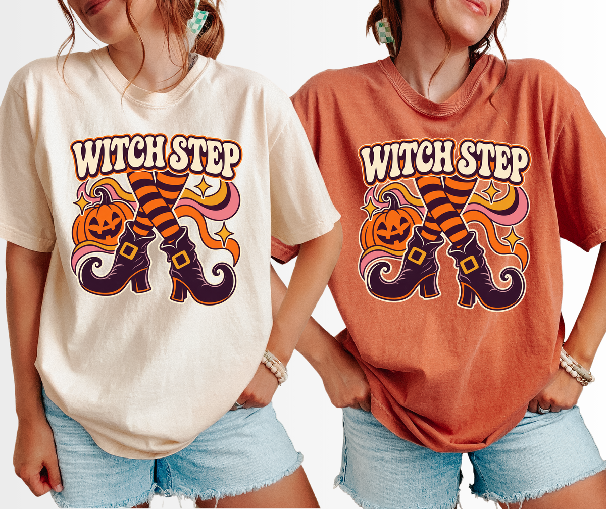 Dancing Witch Boots Halloween T-Shirt, Witch Step Pumpkin Design, 1970s Psychedelic Art, Comfort Colors