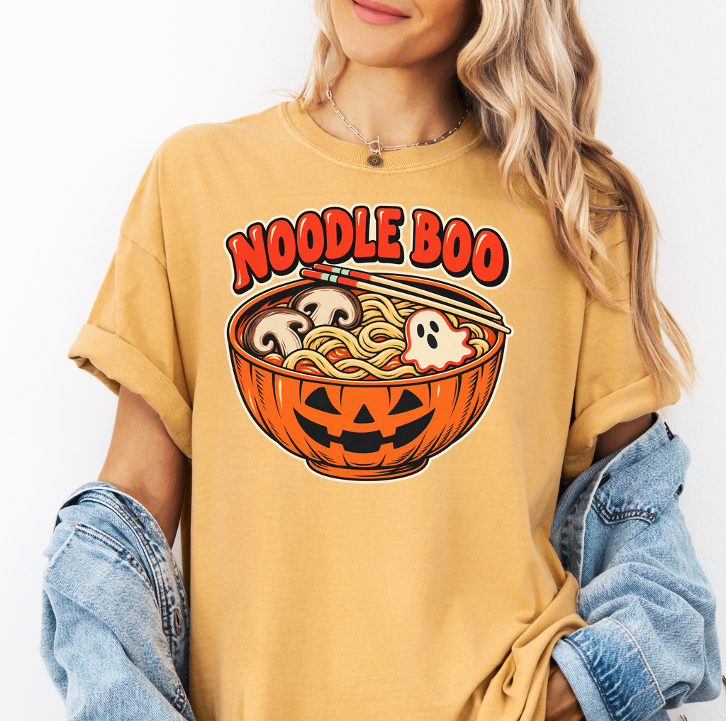 Pumpkin Ramen Halloween T-Shirt, Noodle Boo Jack-o-Lantern Bowl, Retro Diner Ghost Fish Cake, Comfort Colors