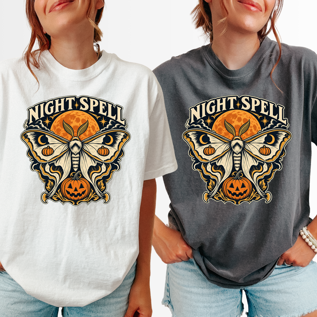 Moon Moth Halloween T-Shirt, Night Spell Pumpkin and Orange Moon, Celestial Gothic Art, Comfort Colors