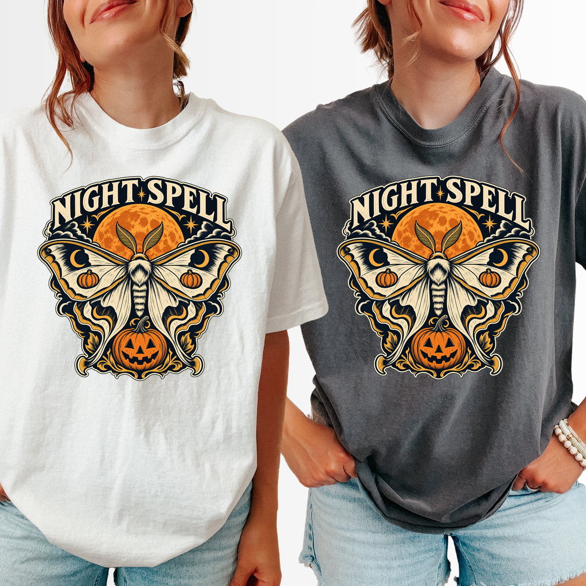Moon Moth Halloween T-Shirt, Night Spell Pumpkin and Orange Moon, Celestial Gothic Art, Comfort Colors