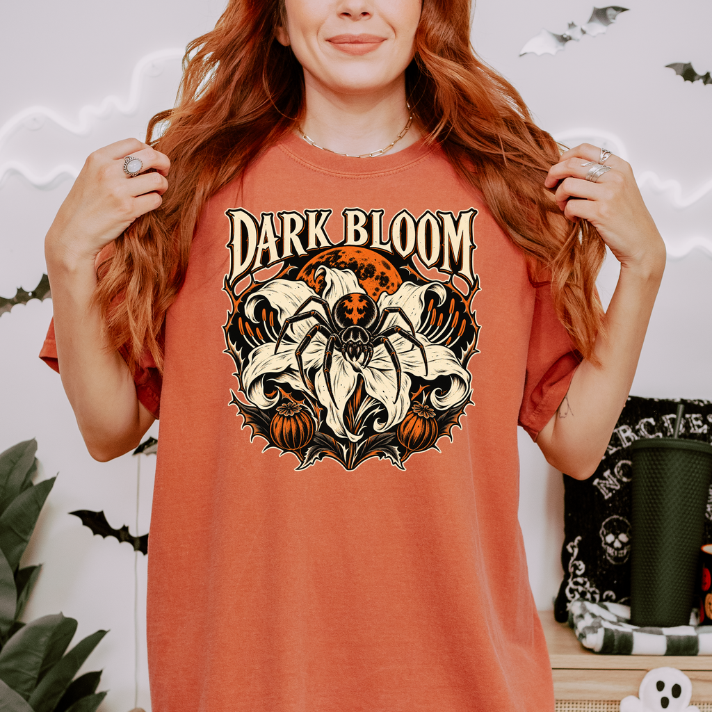 Spider Lily Halloween T-Shirt, Dark Bloom Gothic Woodcut, Orange Moon and Pumpkin Pods, Comfort Colors