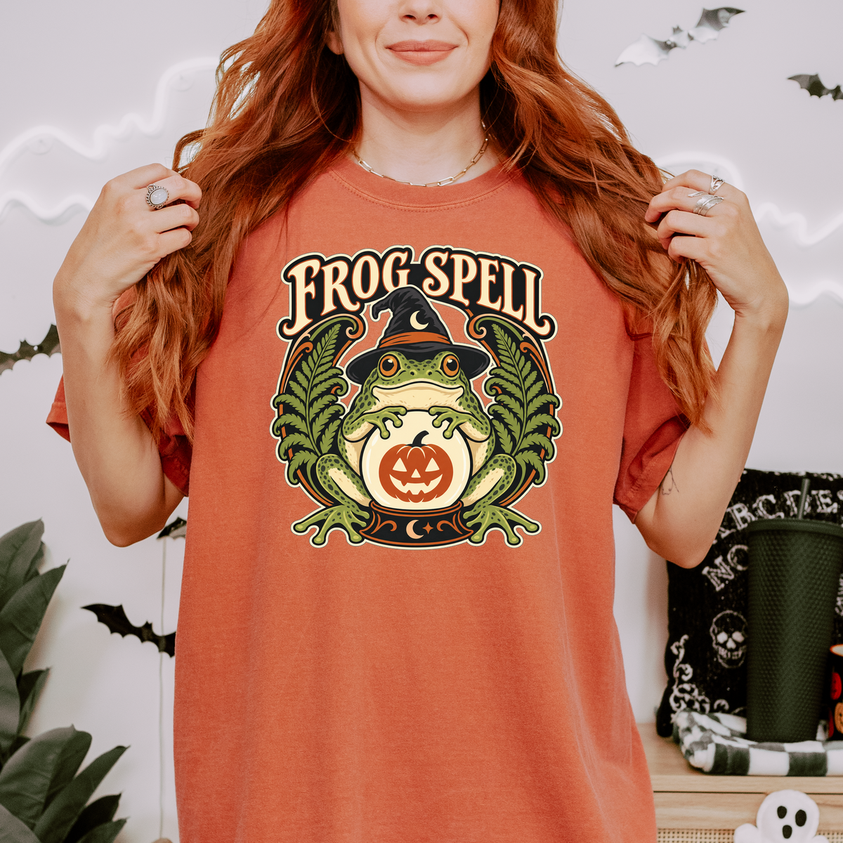 Frog Halloween T-Shirt, Fortune Teller Crystal Ball and Pumpkin, Art Nouveau Botanical Comfort Colors