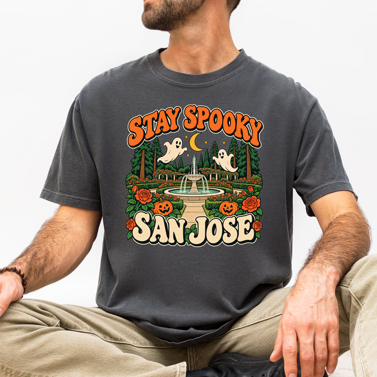 San Jose Halloween T-Shirt, San Jose Municipal Rose Garden Ghosts, Retro 1950s Cartoon, Comfort Colors California Souvenir