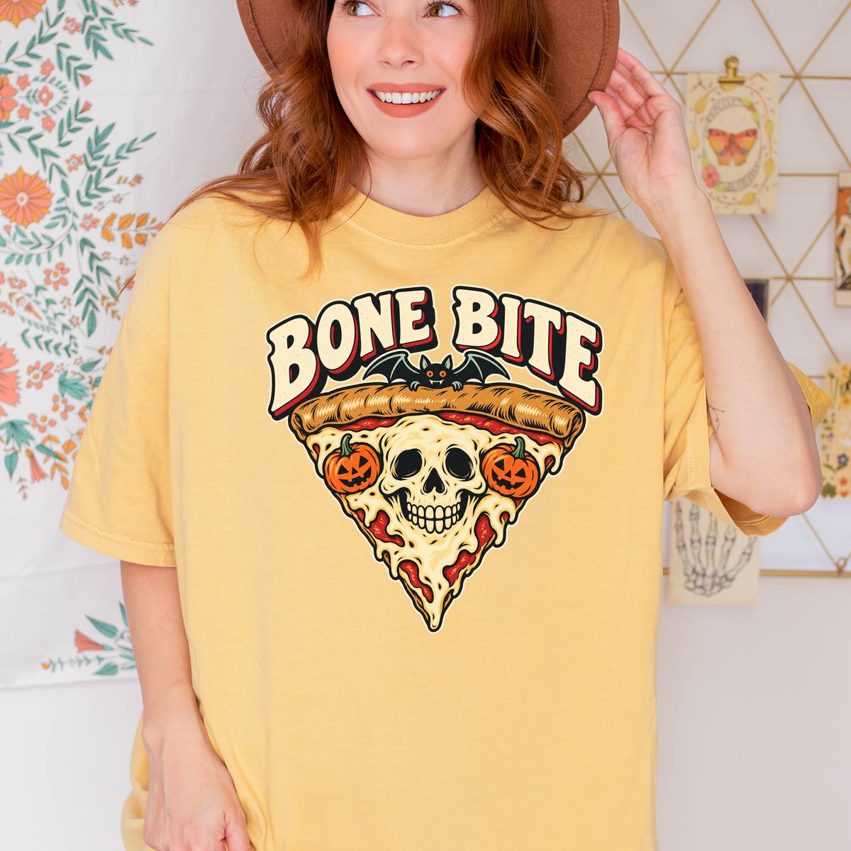 Skeleton Pizza Halloween T-shirt, Bone Bite Retro Diner Skull Slice, Pumpkin and Bat Comfort Colors