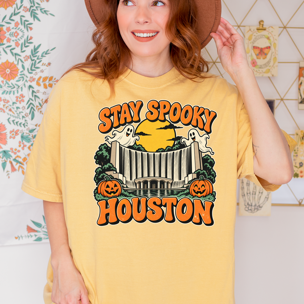 Houston Halloween T-Shirt, Gerald D. Hines Waterwall, Retro Ghost and Pumpkin Art, Comfort Colors Texas Souvenir