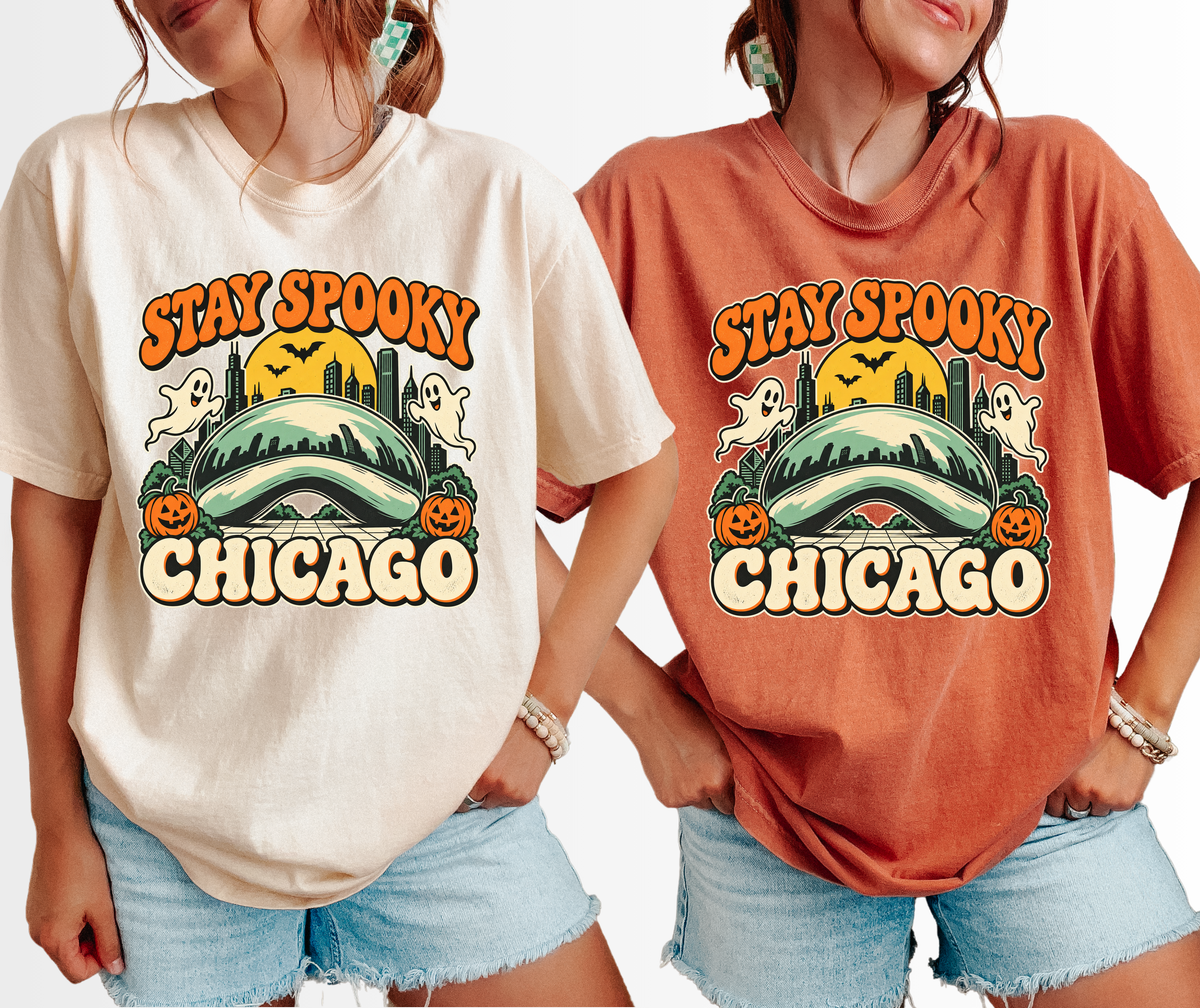 Chicago Halloween T-Shirt, Illinois Cloud Gate Retro Cartoon, Stay Spooky Pumpkin Ghost Comfort Colors Souvenir