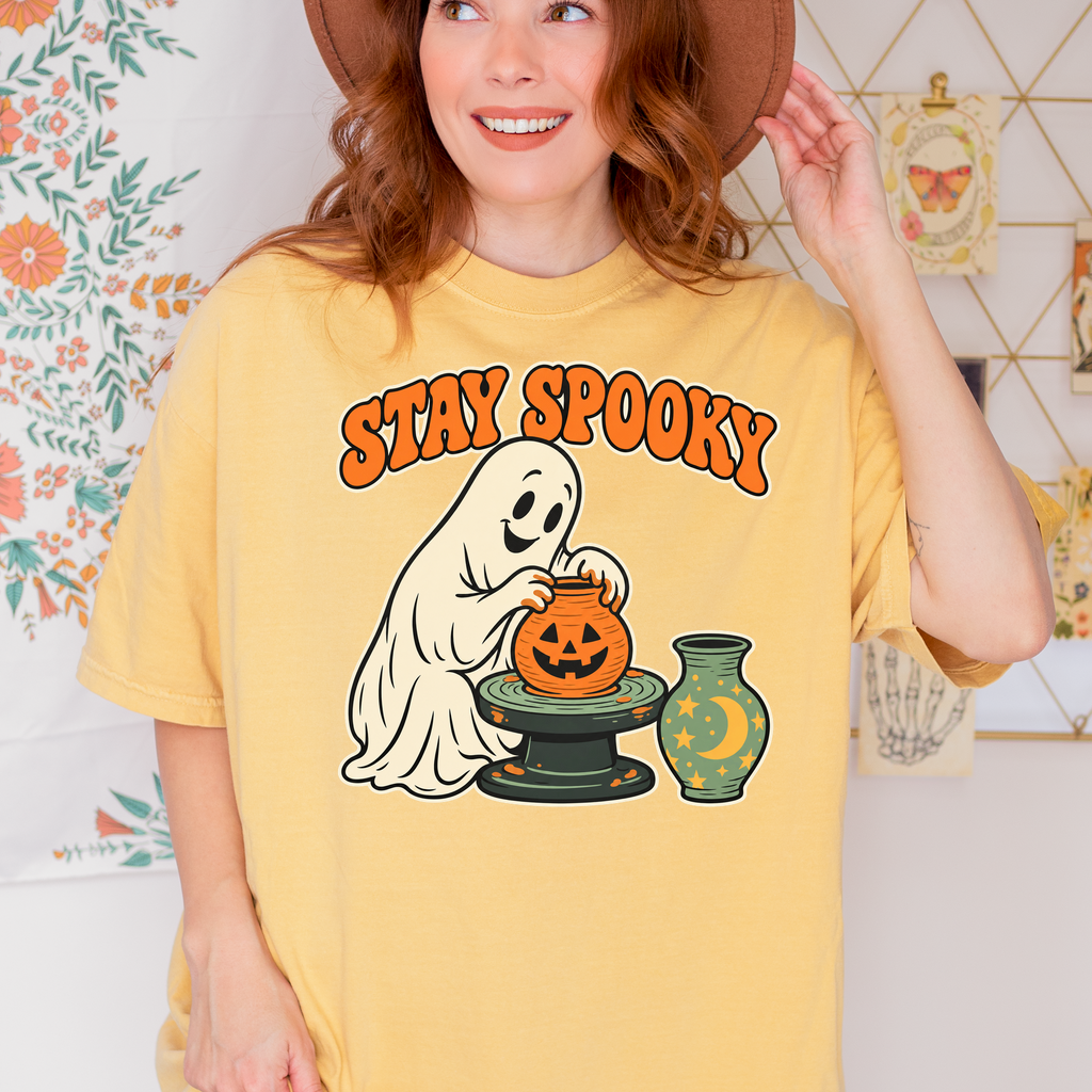 Ghost Pottery Halloween T-Shirt, Stay Spooky Pumpkin Clay Pot, Retro 1950s Cartoon, Comfort Colors Spooky Season