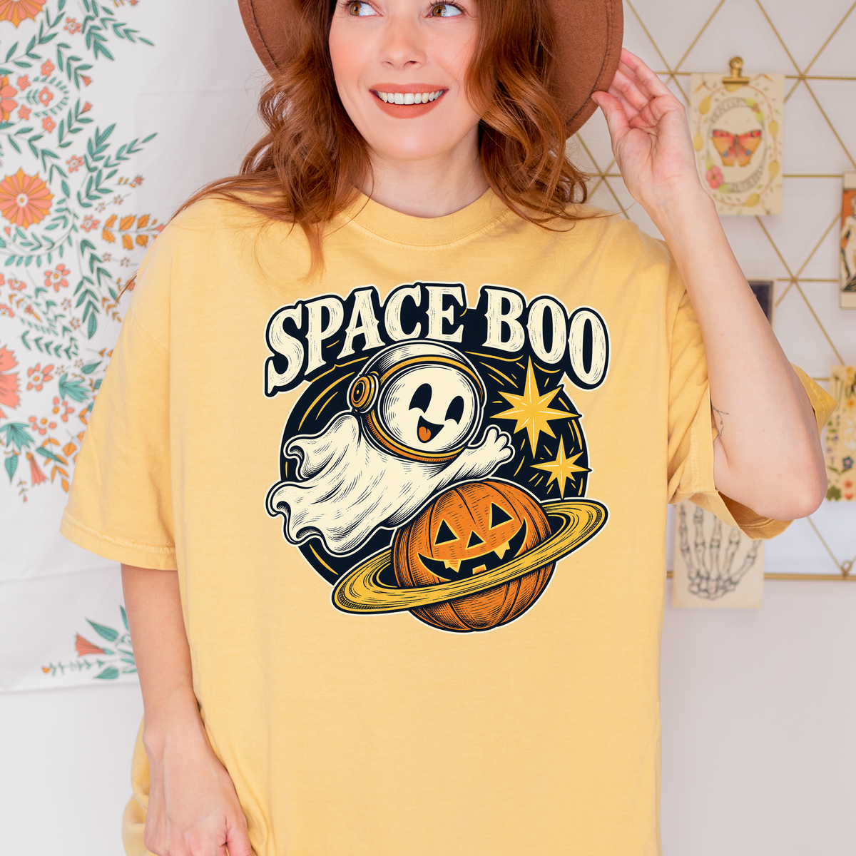 Ghost Astronaut Halloween T-Shirt, Space Boo Pumpkin Planet, Celestial Antique Line Art, Comfort Colors