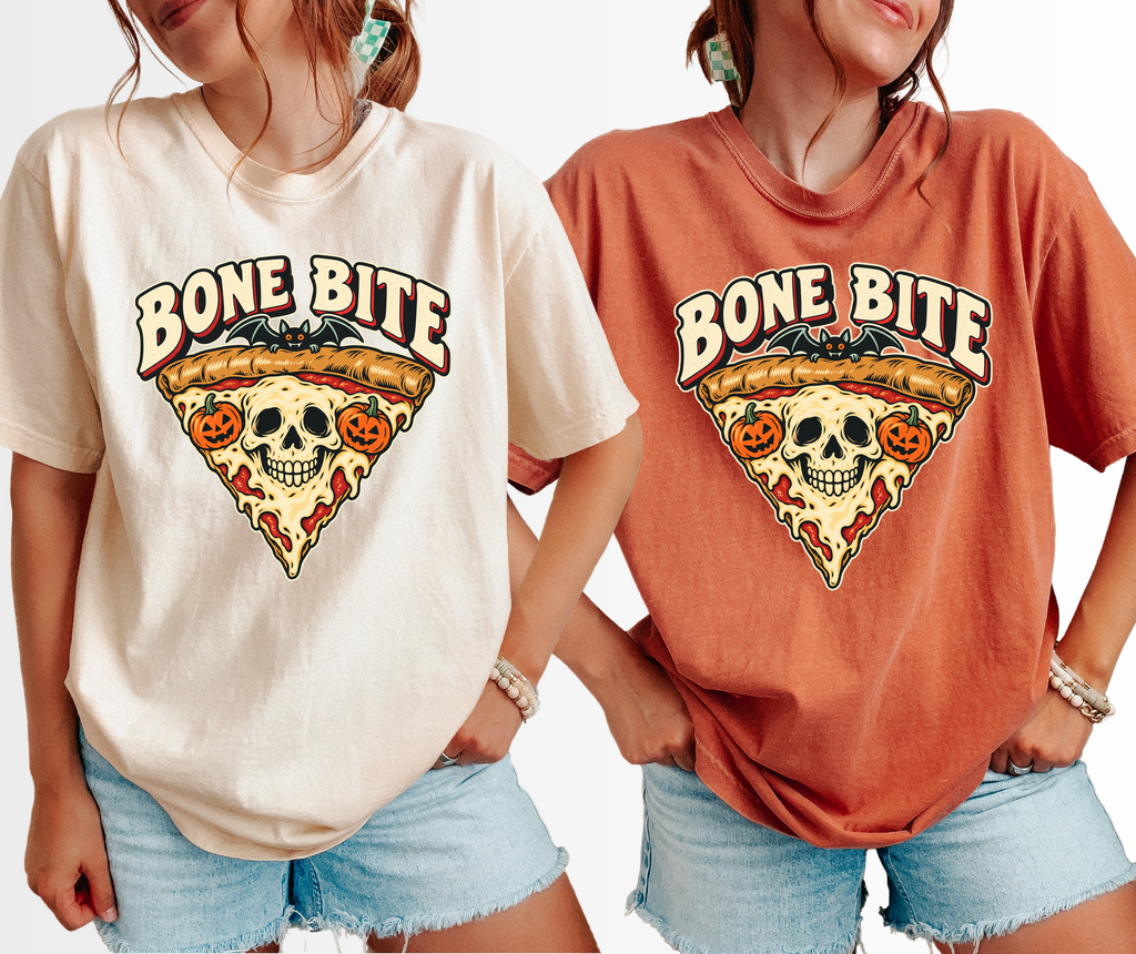 Skeleton Pizza Halloween T-shirt, Bone Bite Retro Diner Skull Slice, Pumpkin and Bat Comfort Colors