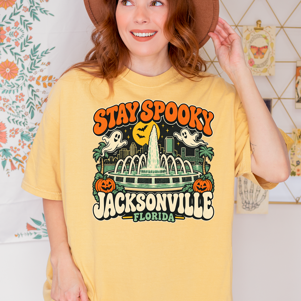 Jacksonville Halloween T-Shirt, Friendship Fountain Retro Ghost and Pumpkin Design, Florida Comfort Colors Souvenir