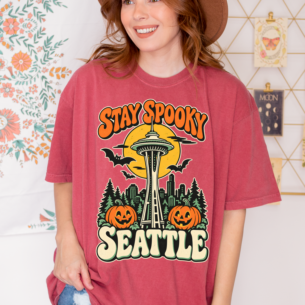 Seattle Halloween T-Shirt, Space Needle Pumpkin Scene, Retro 1950s Cartoon, Comfort Colors Washington Souvenir