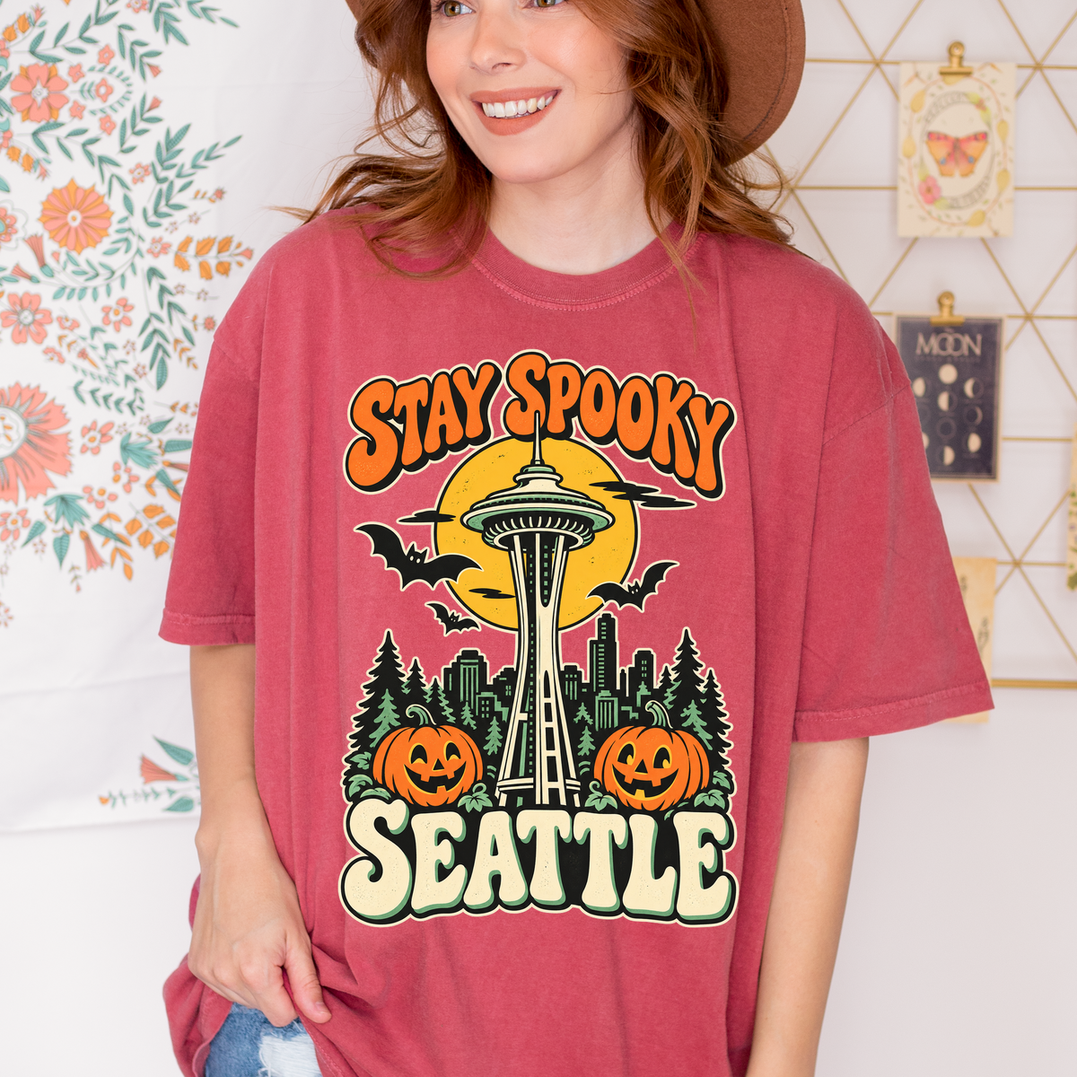 Seattle Halloween T-Shirt, Space Needle Pumpkin Scene, Retro 1950s Cartoon, Comfort Colors Washington Souvenir