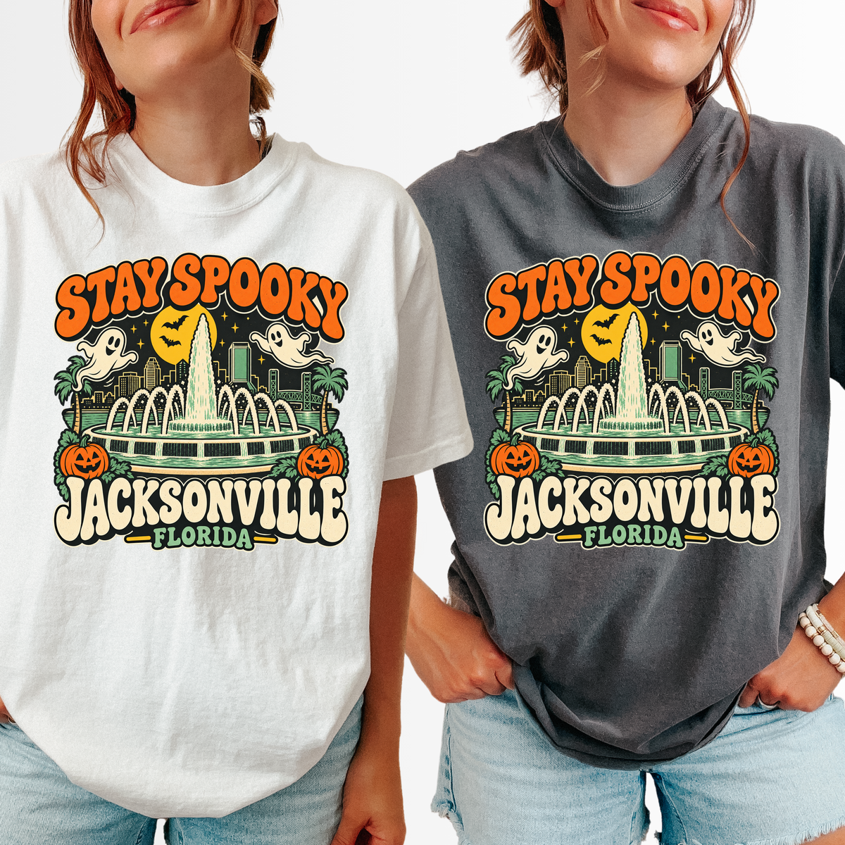 Jacksonville Halloween T-Shirt, Friendship Fountain Retro Ghost and Pumpkin Design, Florida Comfort Colors Souvenir