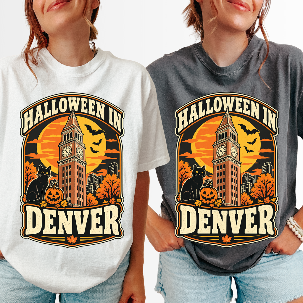 Denver Halloween T-Shirt, Daniels and Fisher Tower, Comfort Colors, Retro Black Cat and Pumpkin Souvenir