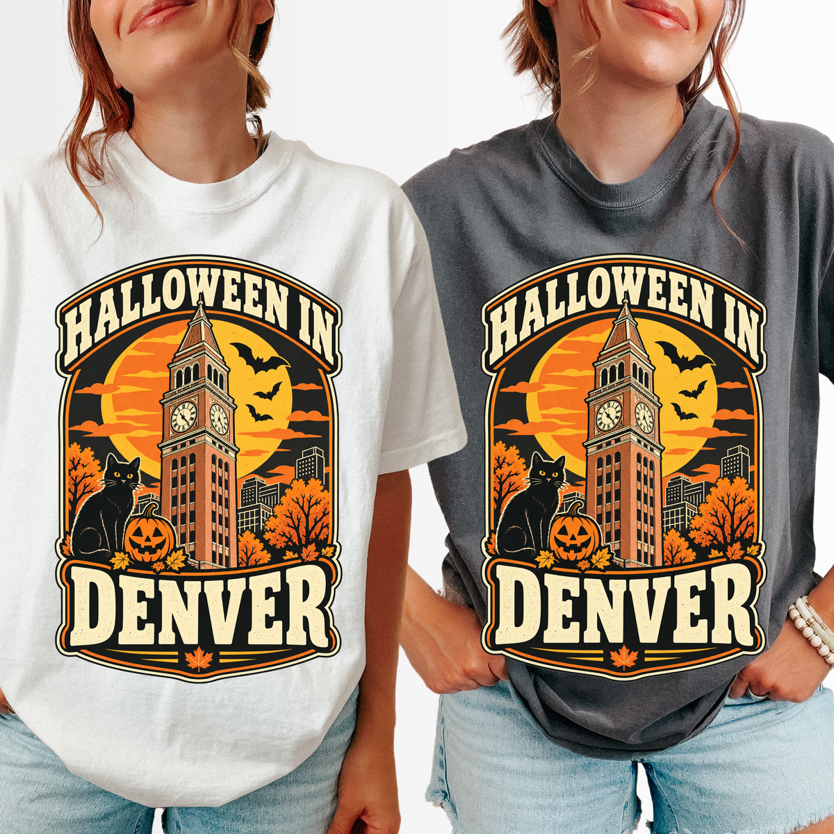 Denver Halloween T-Shirt, Daniels and Fisher Tower, Comfort Colors, Retro Black Cat and Pumpkin Souvenir