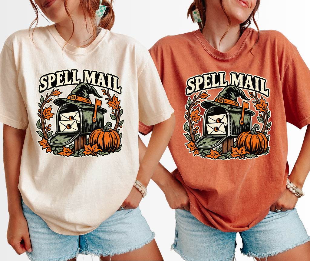 Witch Mailbox Halloween T-Shirt, Spell Mail with Pumpkin, Woodcut Folk Art, Comfort Colors Spooky Season