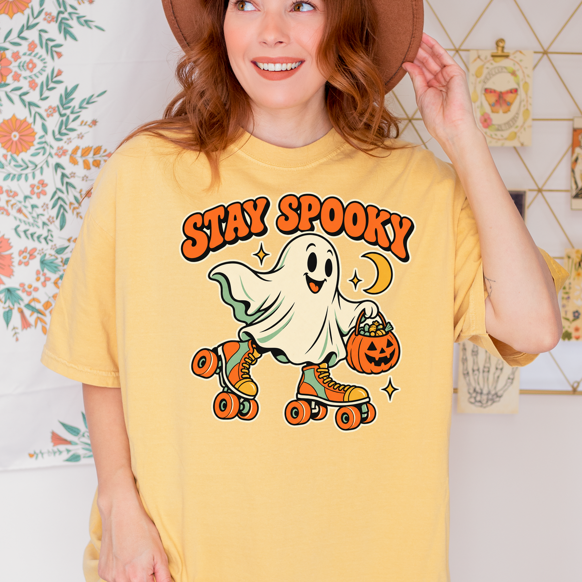 Roller Skating Ghost Halloween T-Shirt, Stay Spooky Retro Cartoon, Pumpkin Candy Bucket, Comfort Colors