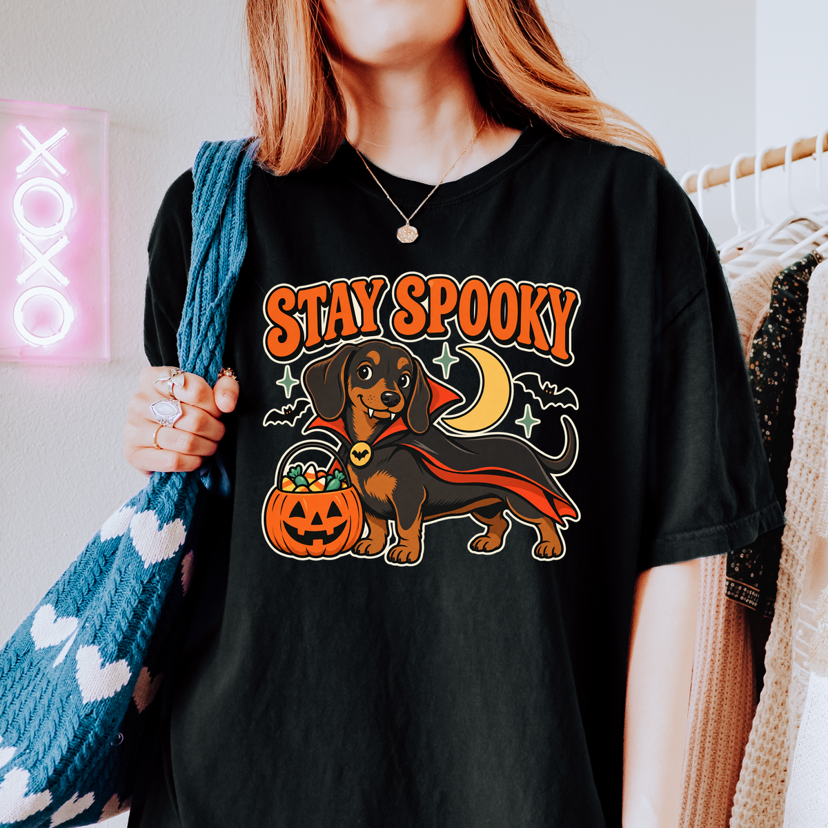 Vampire Dachshund Halloween T-Shirt, Stay Spooky Retro 1950s Cartoon, Pumpkin Candy Bucket, Comfort Colors