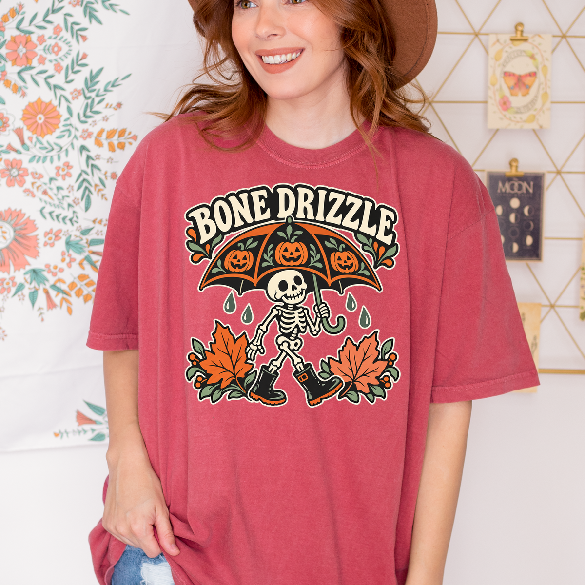 Skeleton Halloween T-Shirt, Bone Drizzle Pumpkin Umbrella, Folk Art Spooky Season, Comfort Colors