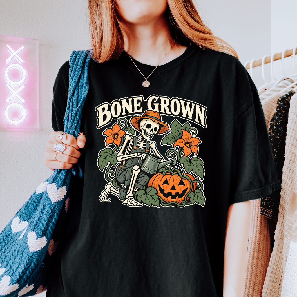 Skeleton Halloween T-Shirt, Bone Grown Pumpkin Garden Folk Art, Botanical Spooky Season Comfort Colors