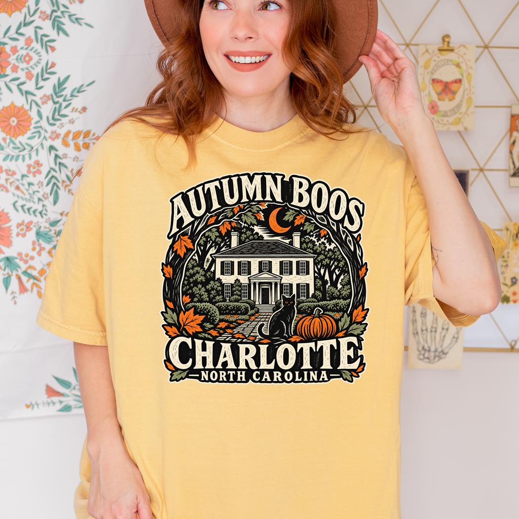 Charlotte Halloween T-Shirt, Historic Rosedale Black Cat and Pumpkin Folk Art, North Carolina Comfort Colors