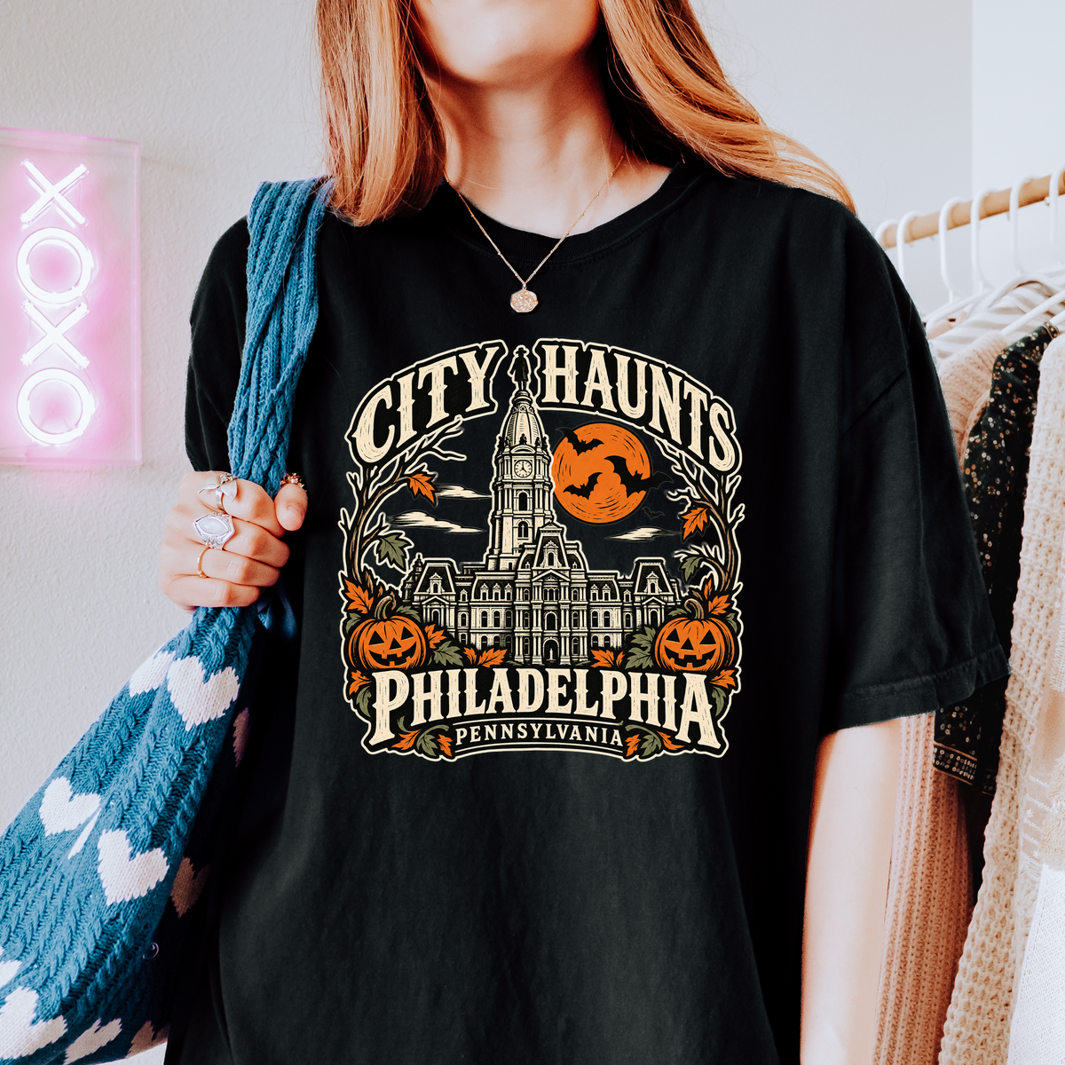 Philadelphia Halloween T-Shirt, City Hall Woodcut Folk Art, Pumpkin Lanterns, Pennsylvania Souvenir, Comfort Colors