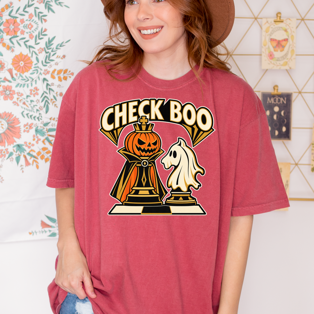 Pumpkin Chess Halloween T-Shirt, Check Boo King and Ghost Knight, Art Deco Spooky Season, Comfort Colors