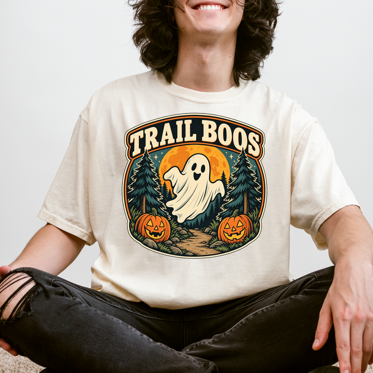Ghost Halloween T-Shirt, Trail Boos Forest Badge, Retro Pine Trees, Jack-o-Lanterns and Harvest Moon, Comfort Colors
