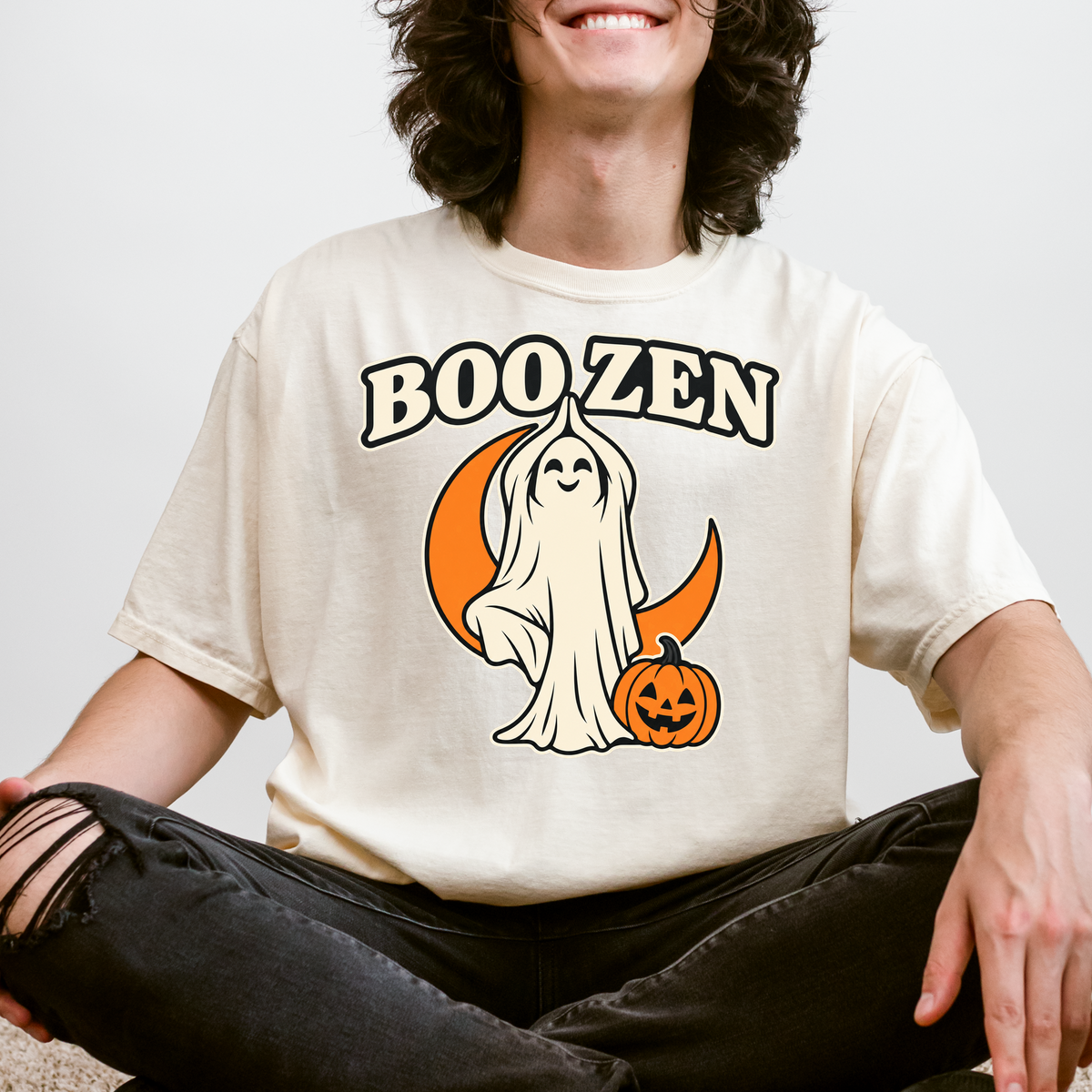 Ghost Yoga Halloween T-Shirt, Boo Zen Tree Pose, Minimalist Pumpkin and Crescent Design, Comfort Colors