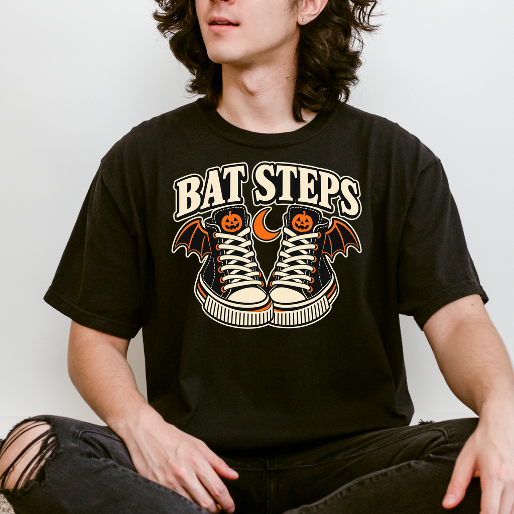Bat Wing Sneakers Halloween T-Shirt, Bat Steps Pumpkin Design, Minimalist Spooky Season, Comfort Colors