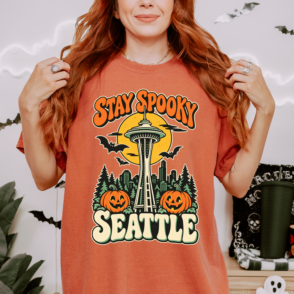 Seattle Halloween T-Shirt, Space Needle Pumpkin Scene, Retro 1950s Cartoon, Comfort Colors Washington Souvenir